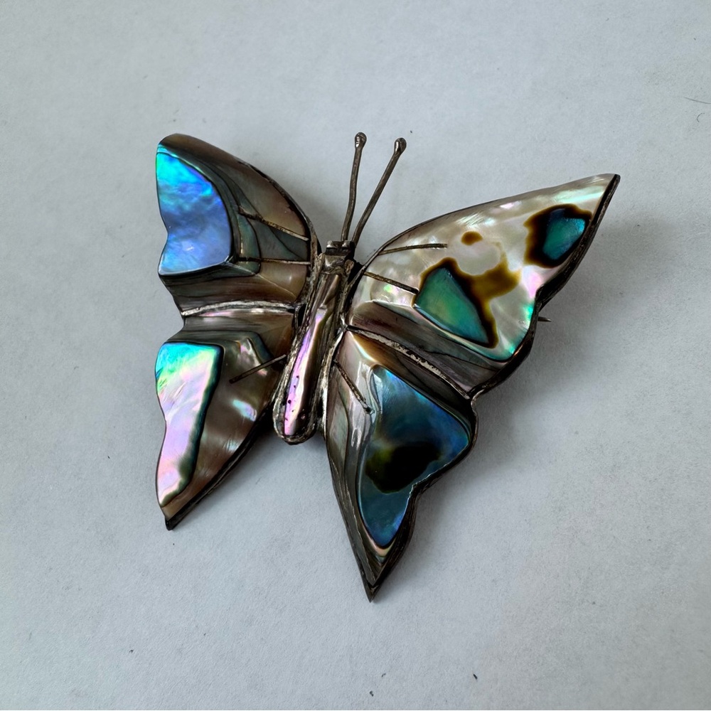 Vintage Mexican Sterling Silver 925 Abalone Butterfly Brooch Blue Green Pin - Picture 13 of 16